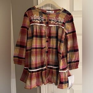 4T Plaid Button-Front Dress with Floral Embroidery